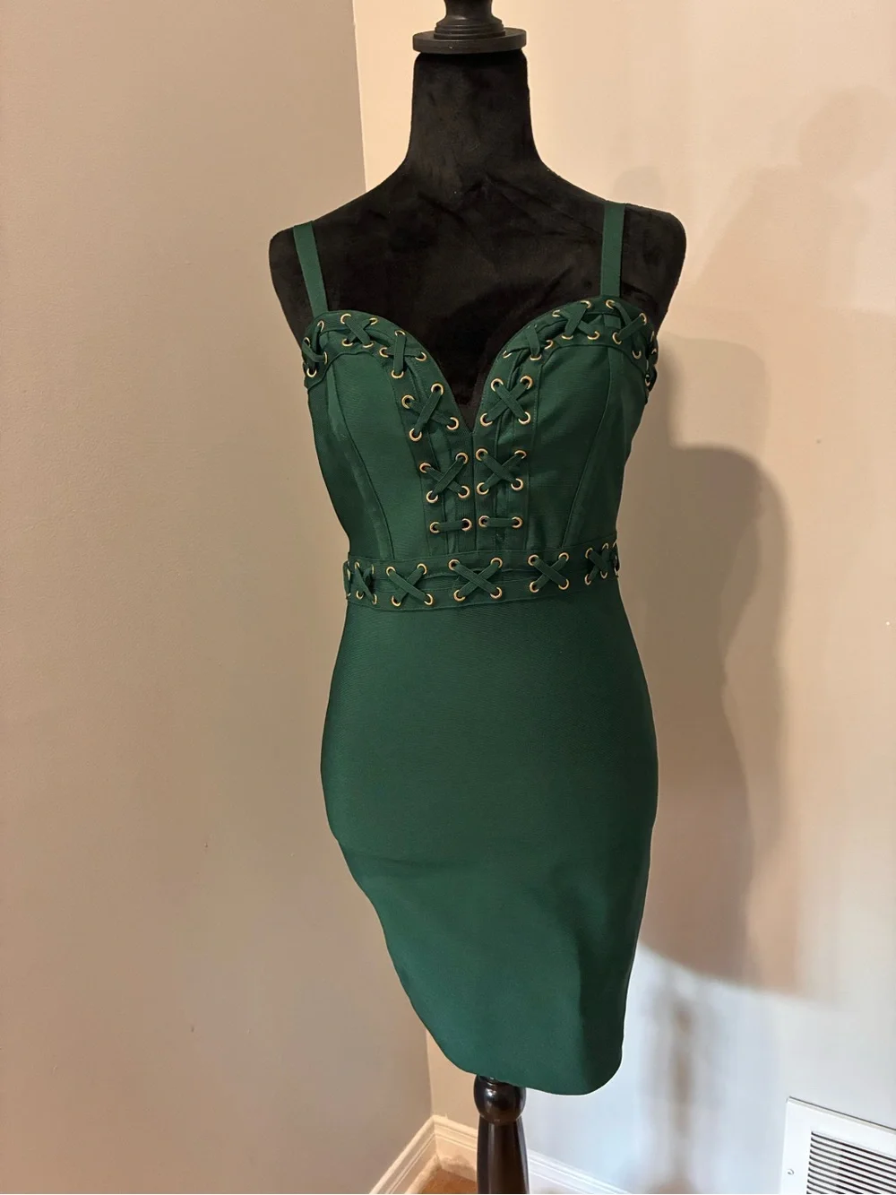 bebe Emerald Green Lace-Up Bodycon Mini Dress - Picture 2 of 9